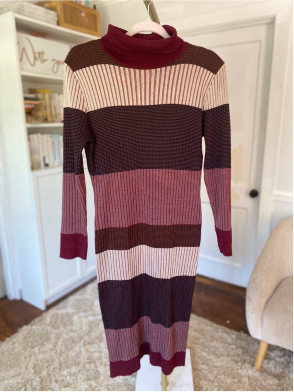 Almost Famous Knit Midi Dress Burgundy Colorblock Ribbed Turtleneck 2X Parisian - Picture 2 of 6